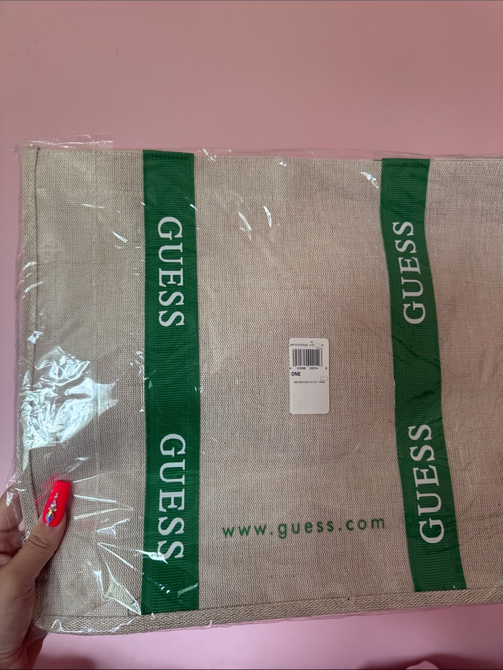 GUESS Beige Tote with Green Logo Straps